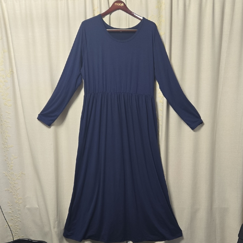 Navy Blue Women's Long Sleeve Maxi Simple Dress 24W